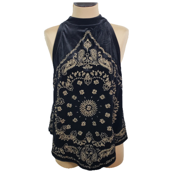 SOLD Free People Black Velvet Gold Embroidered Bandana Top Sz L - Picture 3 of 12